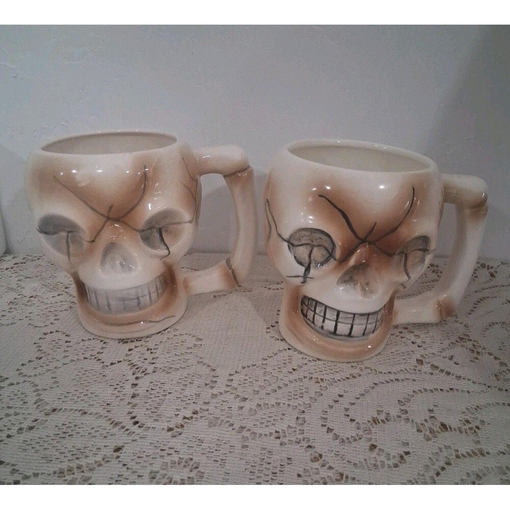 Vtg Lot (2) Halloween Norcrest Skull Mugs Ceramic Hand Painted Goth Skeleton